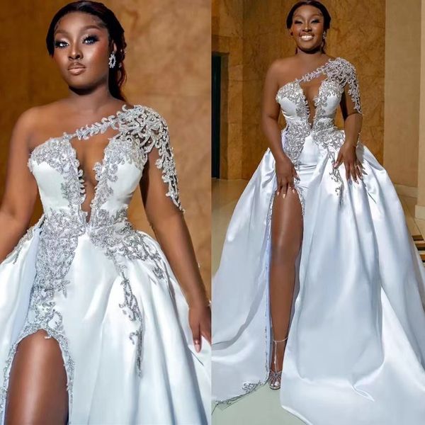 luxury satin a line wedding dresses beading side high slit vestidos de novia african one shoulder bridal gowns custom made, White
luxury satin a line wedding dresses beading side high slit vestidos de novia african one shoulder bridal gowns custom made, White