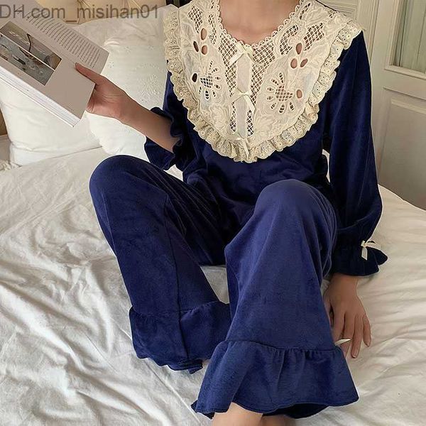 women's sleep lounge autumn and winter women's blue velvet pajama set. retro women's palace style embroidered lace pajama set
women's sleep lounge autumn and winter women's blue velvet pajama set. retro women's palace style embroidered lace pajama set