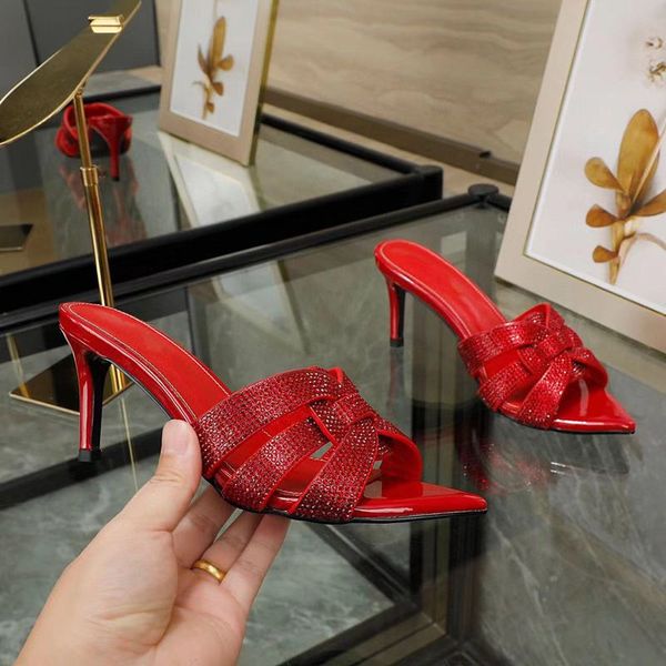 

New women's high-heeled slippers Designer leather sexy summer stiletto sandals thin strap combination fashion banquet heel height 6.5CM with box, 16
