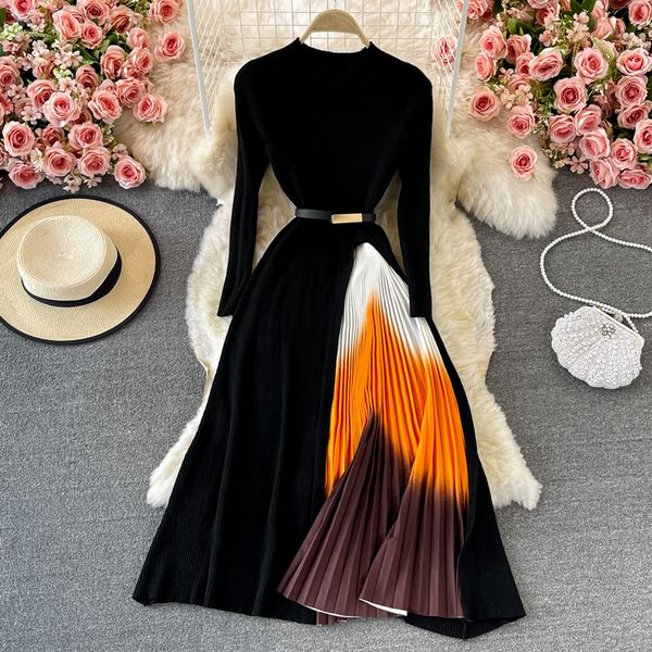 basic casual dresses fashion women gradient color patchwork pleated sweater dress elegant long sleeve midi knitted party vestidos with belt, Black;gray
basic casual dresses fashion women gradient color patchwork pleated sweater dress elegant long sleeve midi knitted party vestidos with belt, Black;gray