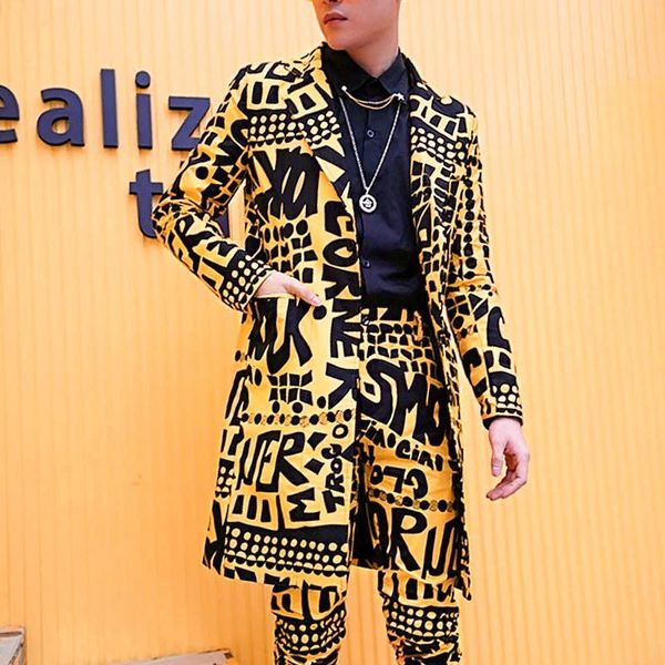 men's suits blazers spring nightclub stage singer dj clothes heren colberts long casual blazer masculino men letter yellow only jacket, White;black 
men's suits blazers spring nightclub stage singer dj clothes heren colberts long casual blazer masculino men letter yellow only jacket, White;black