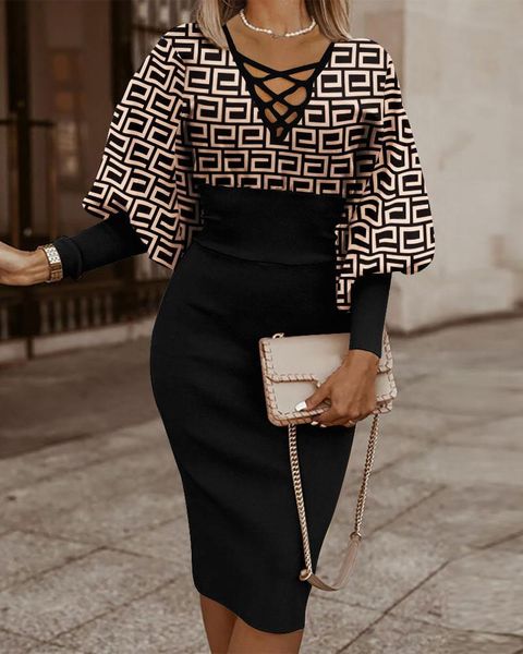 Designer Women Casual Dresses Ladies Elegant High Waist V Neck Blouses Office Causal Slim Vestidos Dress Midi One-piece Skirt Clothing Womens Club Party Blouse
