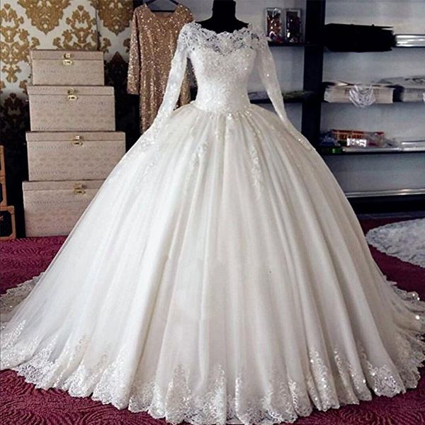vintage vestido de noiva long sleeves wedding dresses sheer neck crew fluffy tulle lace beading sequins princess robe de mariee, White
vintage vestido de noiva long sleeves wedding dresses sheer neck crew fluffy tulle lace beading sequins princess robe de mariee, White