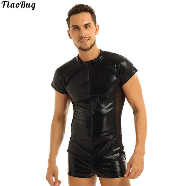 men's swimwear tiaobug summer black patent leather short sleeve front zipper mesh side 230705
men's swimwear tiaobug summer black patent leather short sleeve front zipper mesh side 230705