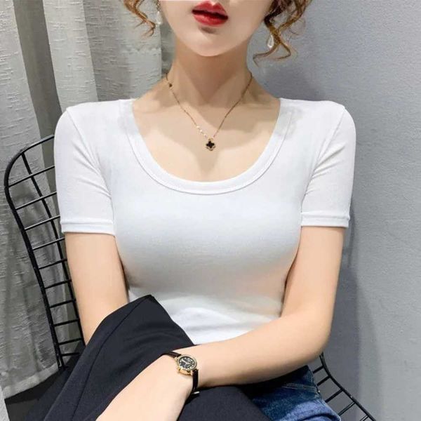 2023 summer thread elastic knitted round neck short sleeve t-shirt women's slim fit and thin solid color clothes women cotton blouse, White
2023 summer thread elastic knitted round neck short sleeve t-shirt women's slim fit and thin solid color clothes women cotton blouse, White