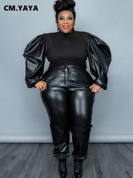 women's plus size pants cmyayaya elegant set pu puff long sleeve patch work sweater and trouser athletic suit two piece 230705, Black
women's plus size pants cmyayaya elegant set pu puff long sleeve patch work sweater and trouser athletic suit two piece 230705, Black