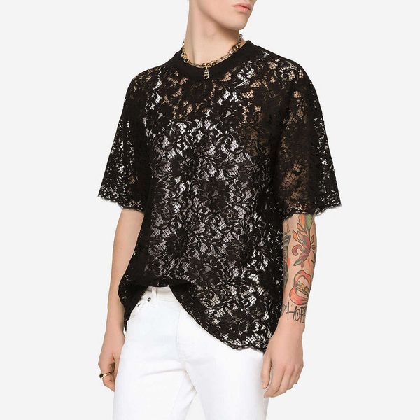men's hollow lace short sleeve t-shirt mesh perspective nightclub style top, White;black
men's hollow lace short sleeve t-shirt mesh perspective nightclub style top, White;black