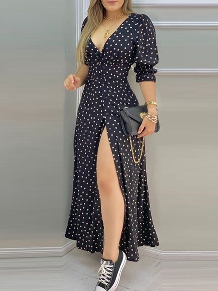 basic casual dresses dot print high slit maxi dres v neck puff sleeve summer long 230705, Black;gray
basic casual dresses dot print high slit maxi dres v neck puff sleeve summer long 230705, Black;gray