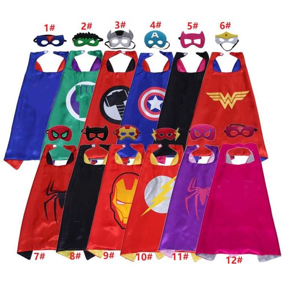 

12 styles doublesided superhero cape and mask set 7070cm kids holiday superhero cosplay costume halloween satin cape felt mask f4249429, Blue