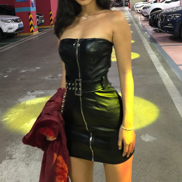 women black leather zipper mini dress off soulder strapless bodycon femme club party dresses chain belt one line neck pu leather zipper, Black;gray
women black leather zipper mini dress off soulder strapless bodycon femme club party dresses chain belt one line neck pu leather zipper, Black;gray