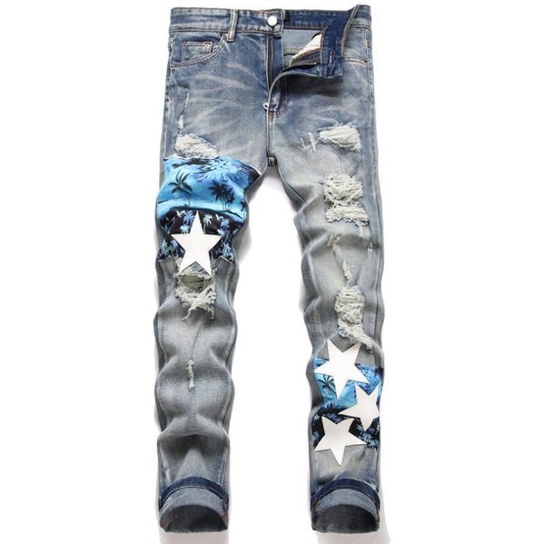 2023 spring new men's jeans printing holes fashion slim fit print dyed mid waist pants trousers gzhsh3x422, Blue
2023 spring new men's jeans printing holes fashion slim fit print dyed mid waist pants trousers gzhsh3x422, Blue