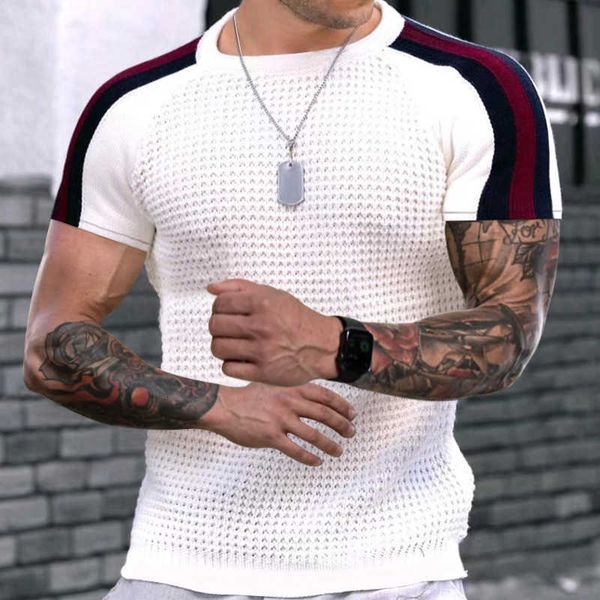 round neck contrast short sleeved t-shirt for men's casual loose fitting waffle youth trendy, White;black
round neck contrast short sleeved t-shirt for men's casual loose fitting waffle youth trendy, White;black
