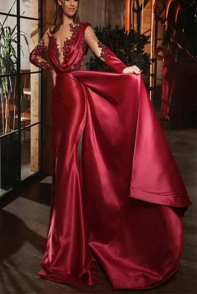 elegant red satin mermaid evening dresses overskirt applique sheer long sleeves ruched runway prom dress formal party gowns1081006, Black
elegant red satin mermaid evening dresses overskirt applique sheer long sleeves ruched runway prom dress formal party gowns1081006, Black