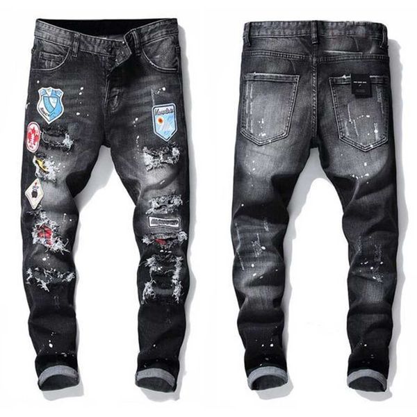men more badge slim fit jeans straight leg washed fashion designer sreetwear painted biker men's denim pants trousers big size 896 cjku, Black
men more badge slim fit jeans straight leg washed fashion designer sreetwear painted biker men's denim pants trousers big size 896 cjku, Black