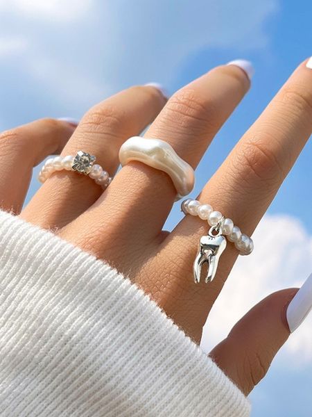 band rings 3pcsset vintage pearl rings womens bohemia pearls shiny zircon metal pendant teeth anillos unusual female trend jewelry gifts 230, Silver
band rings 3pcsset vintage pearl rings womens bohemia pearls shiny zircon metal pendant teeth anillos unusual female trend jewelry gifts 230, Silver