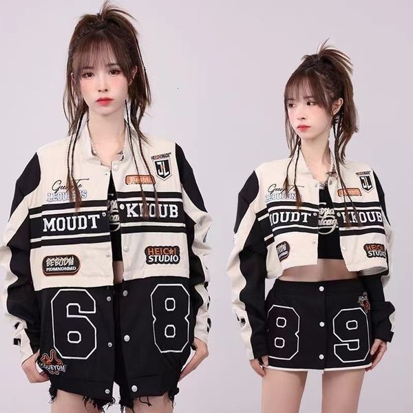 womens jackets spring american street high street mosaic racing suit hem detachable stand collar motorcycle jacket jackets female y2k 230705, Black;brown