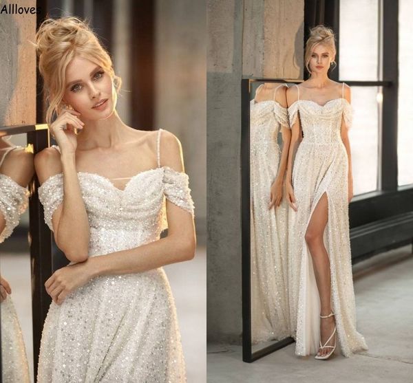 luxury glitter sequins beading wedding dresses a line with straps off shoulder ivory modern bridal gowns thigh side split reception party dr, White
luxury glitter sequins beading wedding dresses a line with straps off shoulder ivory modern bridal gowns thigh side split reception party dr, White