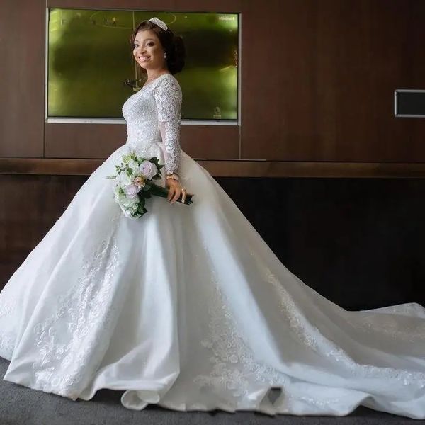 Image of Princess White Full Lace A Line Wedding Dresses 2023 With Long Sleeves Plus Size Sheer Neck Sweep Train Bridal Party Gowns Robe