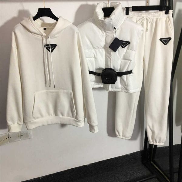 sweatshirts jackets pants warmth three piece suit womens triangle label waist pack cotton vest jacket padded pullover sweatshirt long pants, White
sweatshirts jackets pants warmth three piece suit womens triangle label waist pack cotton vest jacket padded pullover sweatshirt long pants, White