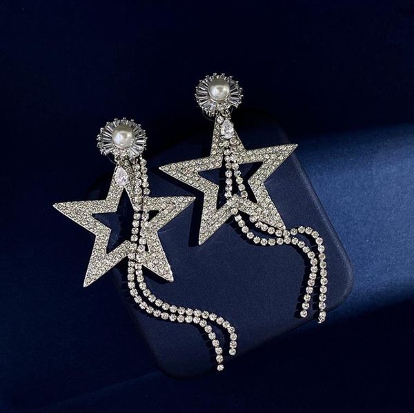 

fashion new designer pentagram full diamonds long tassel earrings multi combination wearing exaggerated ear stud designer jewelry, Silver