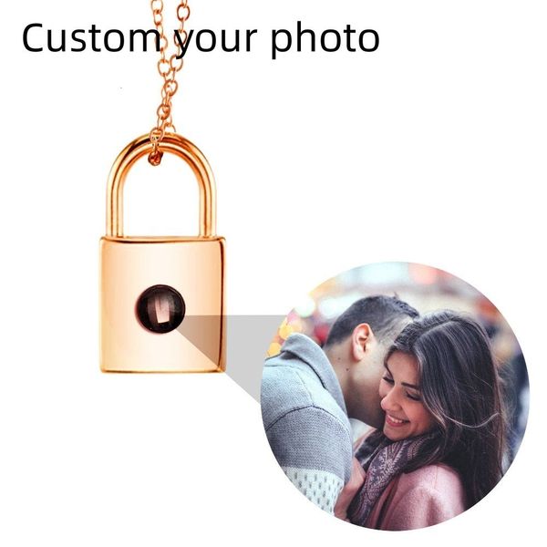 pendant necklaces valentine's day gift po custom projection necklace lock shaped projection necklace lover family wife husband memory g, Silver