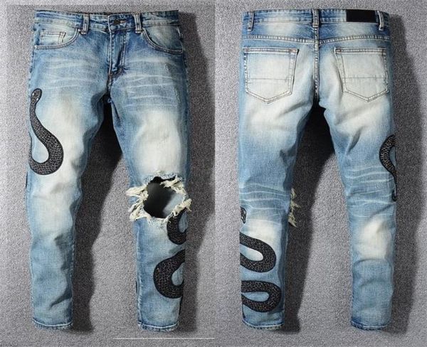 fashion men039s jeans hombre italy style men distressed embroidery snakes pants broken patches washed blue skinny jean slim tro1619605
fashion men039s jeans hombre italy style men distressed embroidery snakes pants broken patches washed blue skinny jean slim tro1619605