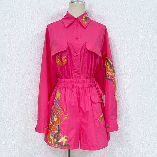 designer two piece set star moon embroidery pink polo neck long sleeve loose shirt with elastic band high waist shorts, White
designer two piece set star moon embroidery pink polo neck long sleeve loose shirt with elastic band high waist shorts, White