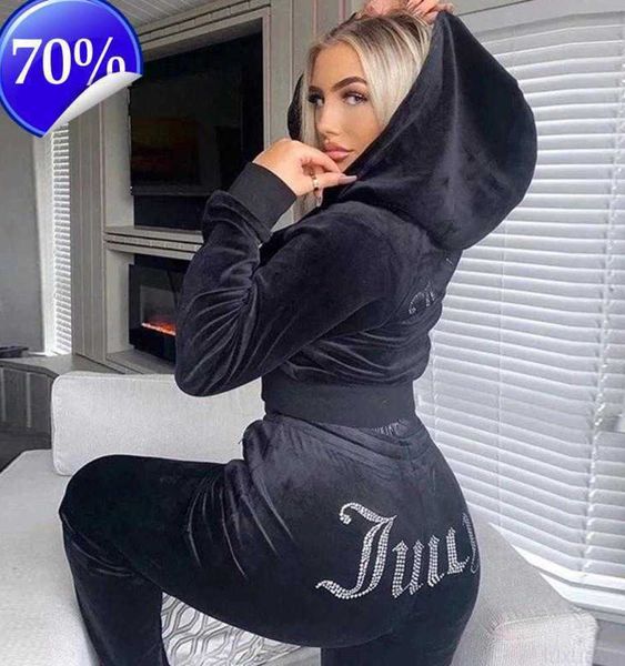 Image of Women&#039;s Two Piece Pants 2023 Winter Juicy Coutoure Tracksuit 2-Piece Set Tracksuit Suit Women Velvet Juicy Sweatshirt and Pants with Diamonds ropa mujer fdas