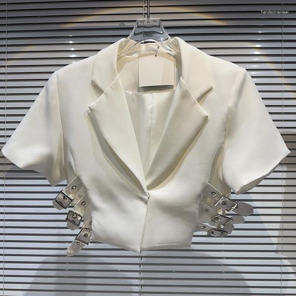 short sleeve notched collar metal buckles shoulder pads blazer jacket punk style slim bodycon short skirt two piece set, White;black
short sleeve notched collar metal buckles shoulder pads blazer jacket punk style slim bodycon short skirt two piece set, White;black