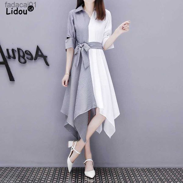 women turndown collar belt aline skirt young style elegant solid color empire chiffon dress summer patchwork simple clothing l230621, Black;gray
women turndown collar belt aline skirt young style elegant solid color empire chiffon dress summer patchwork simple clothing l230621, Black;gray
