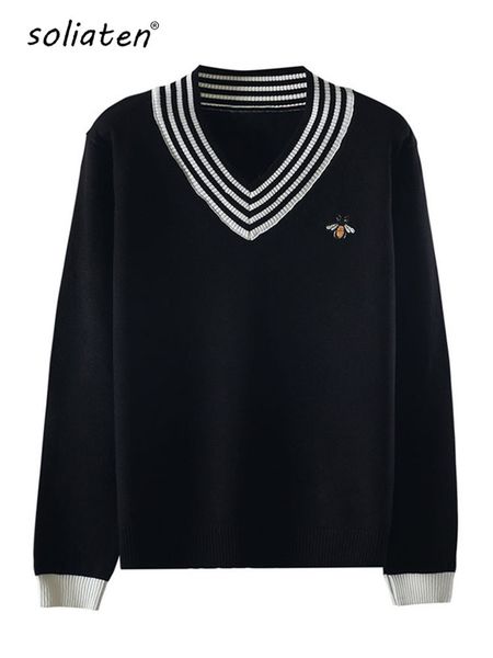 women's sweaters european style spring autumn women bee embroidery sweater elegant v-neck knitted loose striped long sleeve pullover c-, White;black
women's sweaters european style spring autumn women bee embroidery sweater elegant v-neck knitted loose striped long sleeve pullover c-, White;black