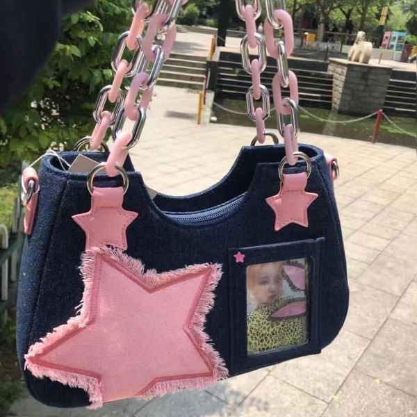 evening bags fashion cool dark harajuku style denim bag pink y2k star chain women s underarm tote purses handbags baguett 230707
evening bags fashion cool dark harajuku style denim bag pink y2k star chain women s underarm tote purses handbags baguett 230707