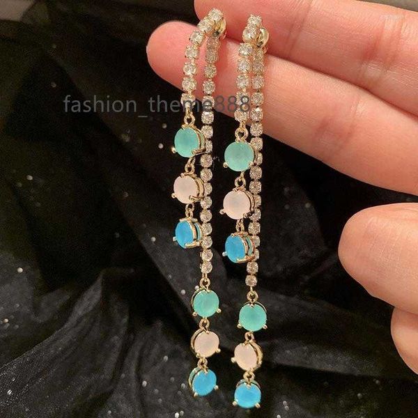 dangle earrings 2023 women frosted ball long tassel super sparkling cool summer color s925 silver needle double zircon pink