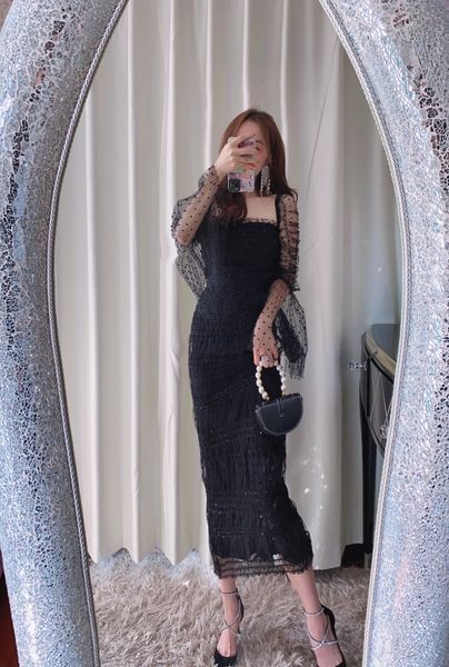 new s-elf portrait polka dot square neck angel sleeves slim fit dress dress 100 pleated long skirt, Black;gray
new s-elf portrait polka dot square neck angel sleeves slim fit dress dress 100 pleated long skirt, Black;gray