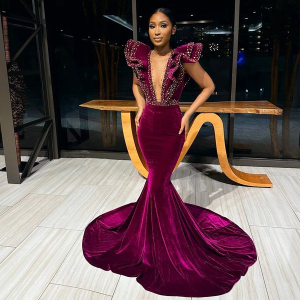 fashion ruffles sleeve bead evening dresses sheer neck velvet african womens formal gown plus size sweep train prom dress, Black;red
fashion ruffles sleeve bead evening dresses sheer neck velvet african womens formal gown plus size sweep train prom dress, Black;red