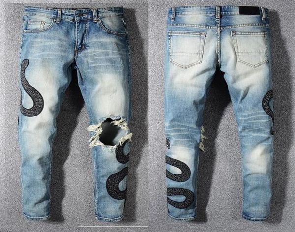 fashion men039s jeans hombre italy style men distressed embroidery snakes pants broken patches washed blue skinny jean slim tro6513604
fashion men039s jeans hombre italy style men distressed embroidery snakes pants broken patches washed blue skinny jean slim tro6513604
