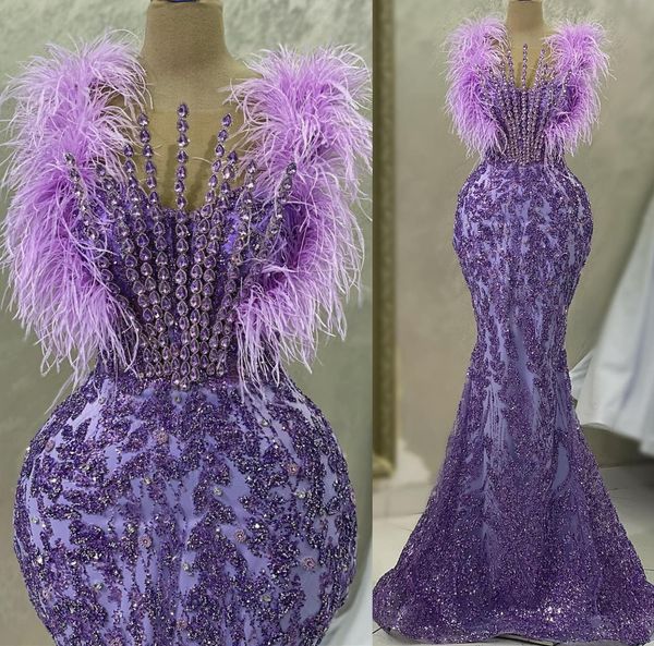 

2023 Aso Ebi Lavender Mermaid Prom Dress Feather Crystals Sexy Evening Formal Party Second Reception Birthday Engagement Gowns Dresses Robe De Soiree ZJ694, Water melon