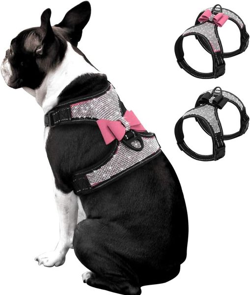 

Rhinestone Dog Harness - Reflective Bling Nylon Dog Vest with Sparkly Bow Tie for  Medium Large Dogs Walking Party and Wedding,Pink,S
