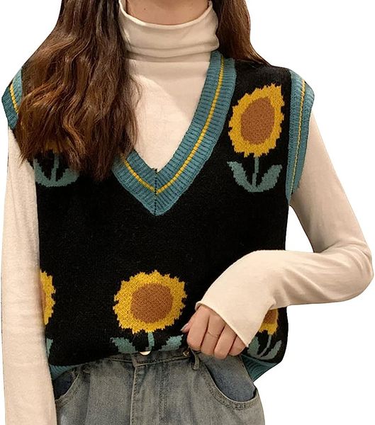 women v neck sweater vest y2k 90s floral pattern knit tank sleeveless knitwear black, White;black
women v neck sweater vest y2k 90s floral pattern knit tank sleeveless knitwear black, White;black