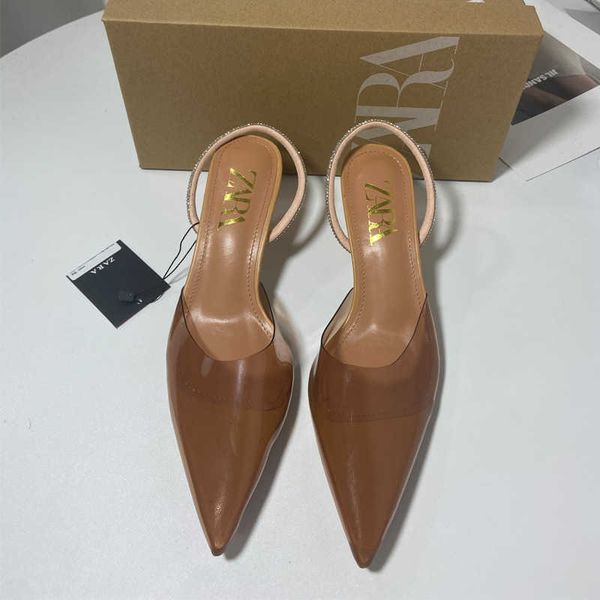 za new 2023 french shallow mouth pvc transparent back strap high heel shoes pointed rhinestone chain decoration sandals women's, Black
za new 2023 french shallow mouth pvc transparent back strap high heel shoes pointed rhinestone chain decoration sandals women's, Black