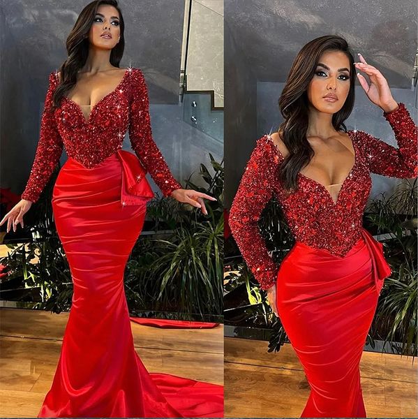 red beaded mermaid prom dresses deep v neck long sleeve tailor made pleat evening gowns robe de mariee, Black
red beaded mermaid prom dresses deep v neck long sleeve tailor made pleat evening gowns robe de mariee, Black