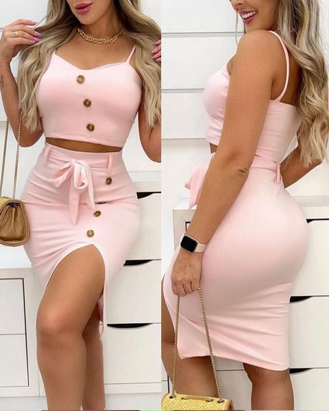 two piece dress button decor cami crop split skirt set women 2pcs clothes solid color sleeveless tanks camis high waist slim 230707, White 
two piece dress button decor cami crop split skirt set women 2pcs clothes solid color sleeveless tanks camis high waist slim 230707, White