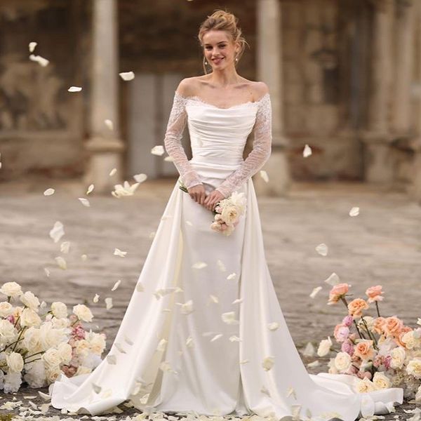 elegant mermaid wedding dresses off the shoulder lace neck pleat bridal gown satin detachable train vestido de mariee, White
elegant mermaid wedding dresses off the shoulder lace neck pleat bridal gown satin detachable train vestido de mariee, White