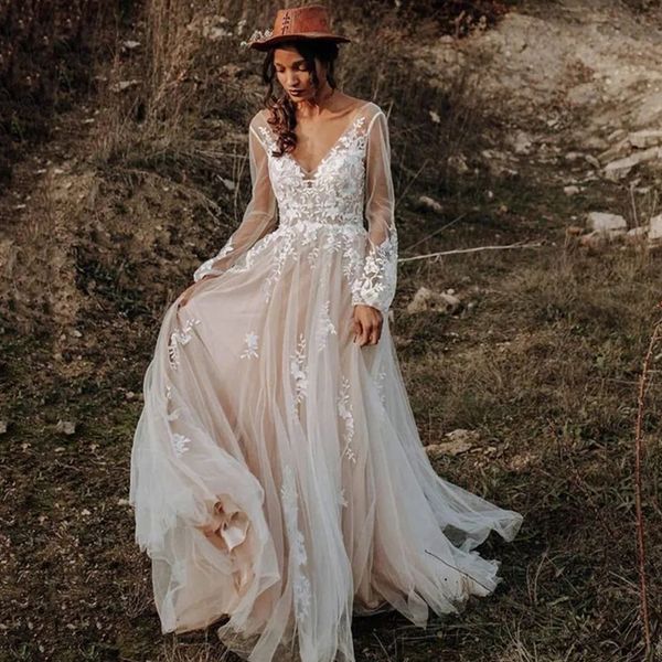 vintage boho wedding dresses long sleeve lace appliques v neck bride dress tiere tulle country wedding gowns, White
vintage boho wedding dresses long sleeve lace appliques v neck bride dress tiere tulle country wedding gowns, White