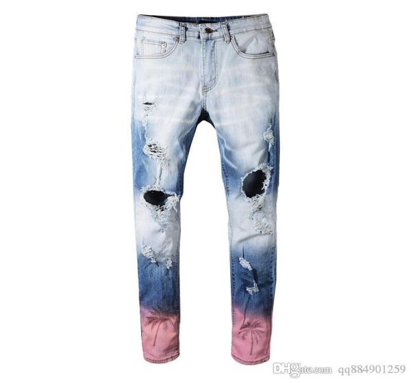 2019 europe and american high street knee hole jeans gradient color palm print slim feet pants distressed ripped biker jeans size 5887365, Blue
2019 europe and american high street knee hole jeans gradient color palm print slim feet pants distressed ripped biker jeans size 5887365, Blue