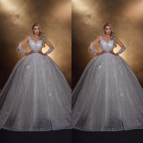 gorgeous ball gown wedding dresses feather sequins appliques long sleeves robe de mariee custom made sweep train bride, White
gorgeous ball gown wedding dresses feather sequins appliques long sleeves robe de mariee custom made sweep train bride, White