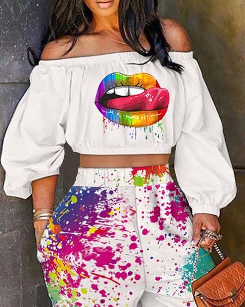 pants 2023 women two piece set off shoulder lip print lantern sleeve crop & ink splash pants flare set outfits, White
pants 2023 women two piece set off shoulder lip print lantern sleeve crop & ink splash pants flare set outfits, White