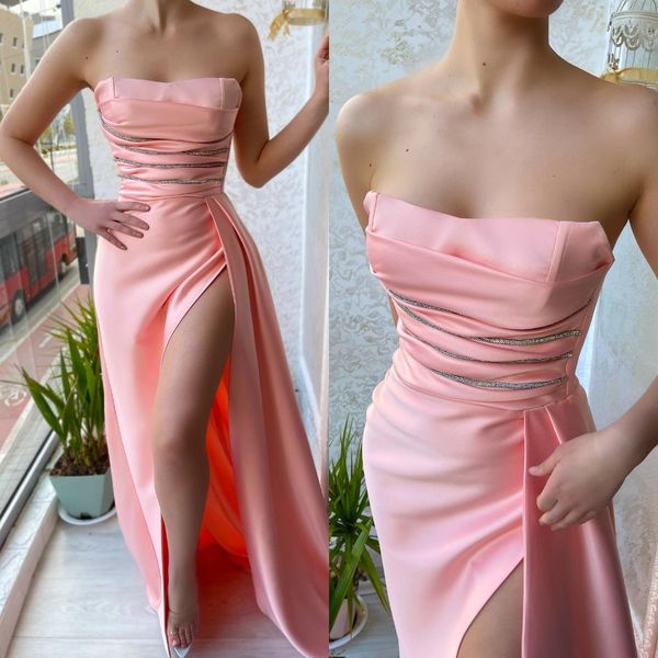 coral pink prom dresses strapless satin evening gowns pleats slit formal long special occasion party dress, Black
coral pink prom dresses strapless satin evening gowns pleats slit formal long special occasion party dress, Black