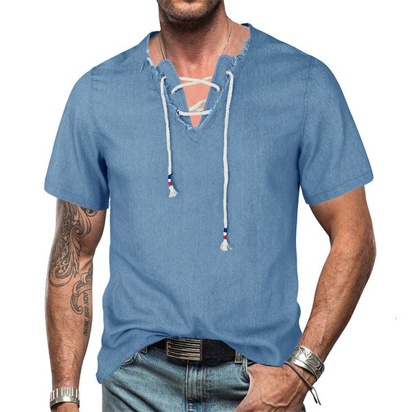 men s dress shirts 2023 summer fashion european and american denim shirt v neck lace up tassel solid color clothes for men 230707, White;black
men s dress shirts 2023 summer fashion european and american denim shirt v neck lace up tassel solid color clothes for men 230707, White;black