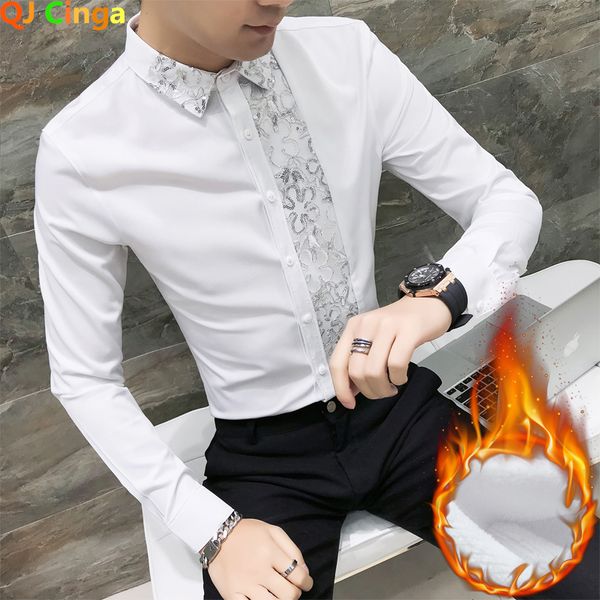 men's dress shirts winter white fleece long shirt fashion slim men qj cinga brand male lace stitching decoration camisa 230707, White;black
men's dress shirts winter white fleece long shirt fashion slim men qj cinga brand male lace stitching decoration camisa 230707, White;black